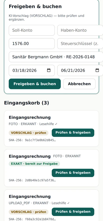 GoBuch mobil: KI-Buchungsvorschlag zu einem fotografierten Beleg, den Sie per Klick freigeben