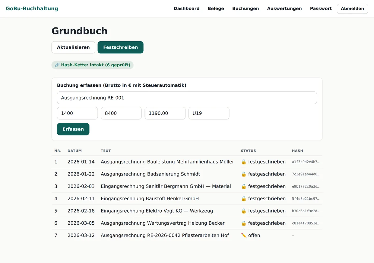 GoBuch-Grundbuch am Desktop: festgeschriebene Buchungen mit intakter Hash-Kette und Steuerautomatik